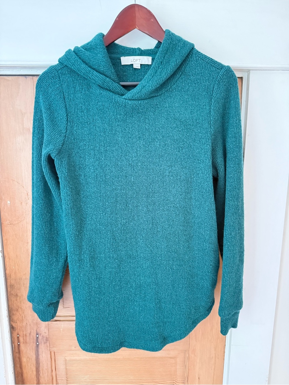 LOFT Teal Hooded Ribbed Pullover Sweater